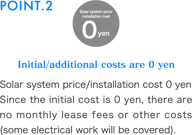 Initial/additional costs are 0 yenSince the initial cost is 0 yen, there are no monthly lease fees or other costs (some electrical work will be covered).