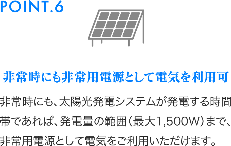 非常時にも非常用電源として電気を利用可非常時にも、太陽光発電システムが発電する時間帯であれば、発電量の範囲（最大1,500W）まで、非常用電源として電気をご利用いただけます。